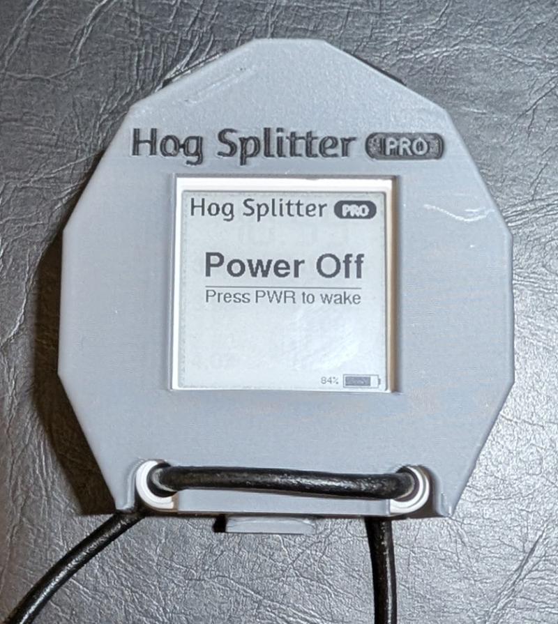 Hog Splitter Pro powered off, showing the wake screen